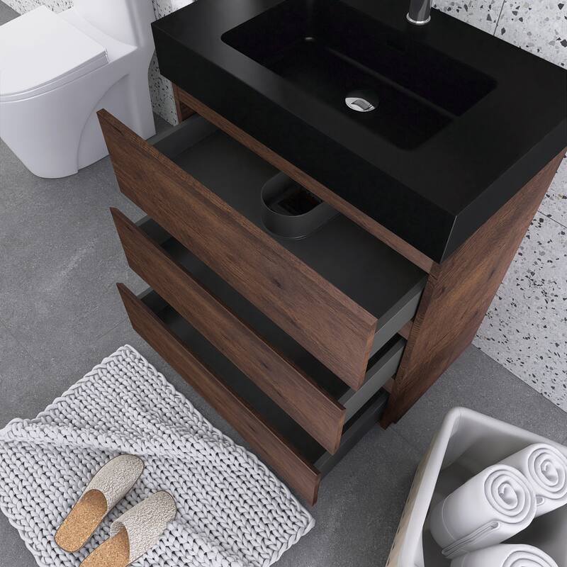 Freestanding Bathroom Vanity with Black Solid Surface Top