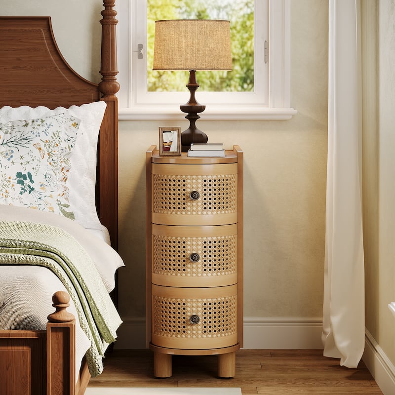 Solid Wood End Table, 3-Drawer Rattan Side Table, Night Stand with Exquisite Embossed Handles