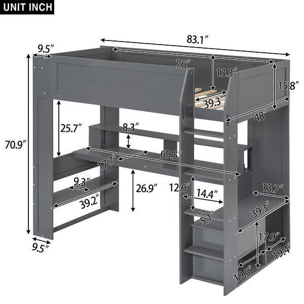 Dark Gray Twin Size Solid Wood MDF Gaming Loft Bed with Desk, Multi-storage Shelves, LED and Charging Station