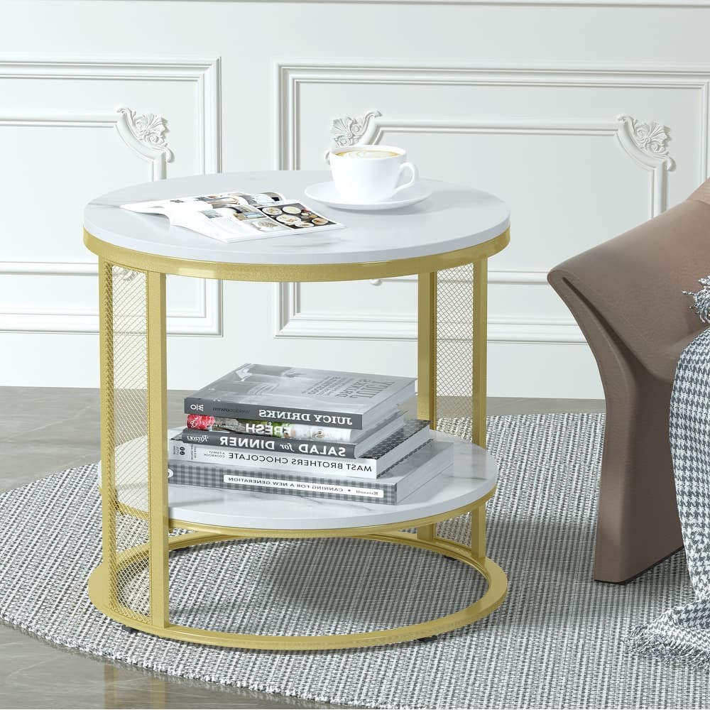2 Tier Marble End Table Sofa Side Decorative Round Coffee Table - 21.7x20.1x20.3 inch
