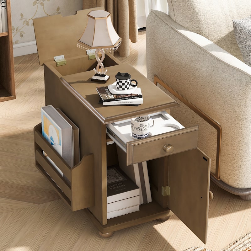 Retro Flip-Top End Table – USB Ports, Cup Holder Drawer & Bookshelf, Ideal for Small Spaces. - Brown