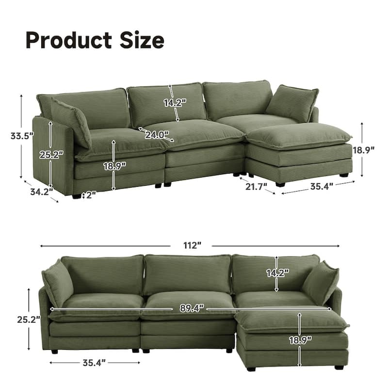 Oversized Modular Corduroy Sectional Sofa Set with Ottoman, 3-Seater / 4-Seater Deep Seat Lounge Couch for Living Room