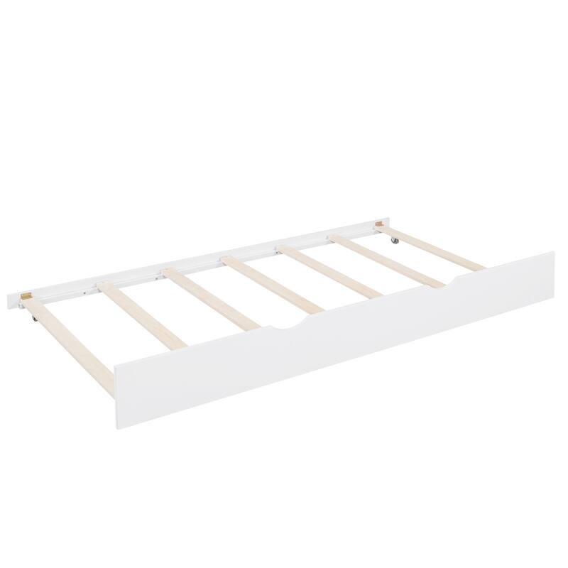 Full Size Wooden House Bed with Trundle and Shelf for Kids, White