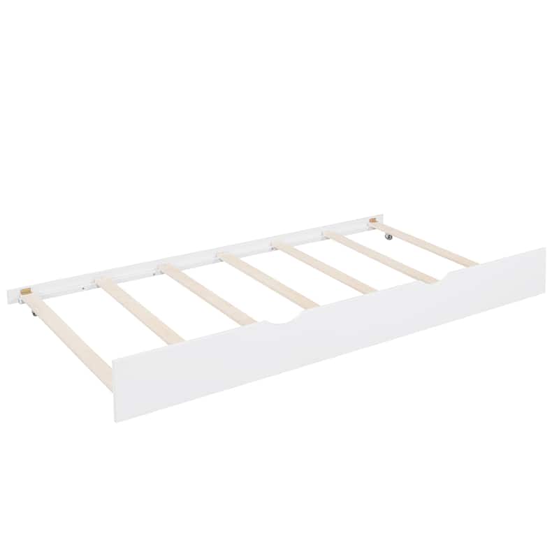 Wooden Twin Size House Bed with Trundle Kids Bed with Shelf - White