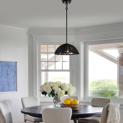 Boho Black Rattan Pendant Light Farmhouse Light Fixture for Dining