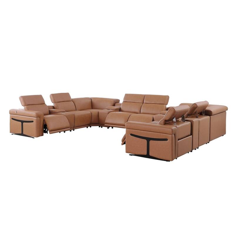 HomeRoots Chestnut Italian Leather Power Reclining U Shaped Twelve Piece Sectional With Console