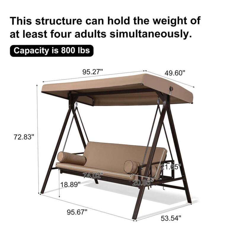 PURPLE LEAF 3-seat Outdoor Patio Porch Swing Adjustable Backrest, Cushions and Pillow Included - N/A
