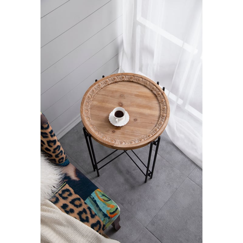 GDFStudio- Farmhouse Round Coffee Table with Natural Wood Top and Black Metal Pin Legs