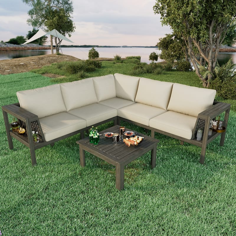 Exclusive 4-Piece Outdoor Acacia Wood Sectional Sofa Set with Woven Rope Armrests - Grayish Brown&Beige