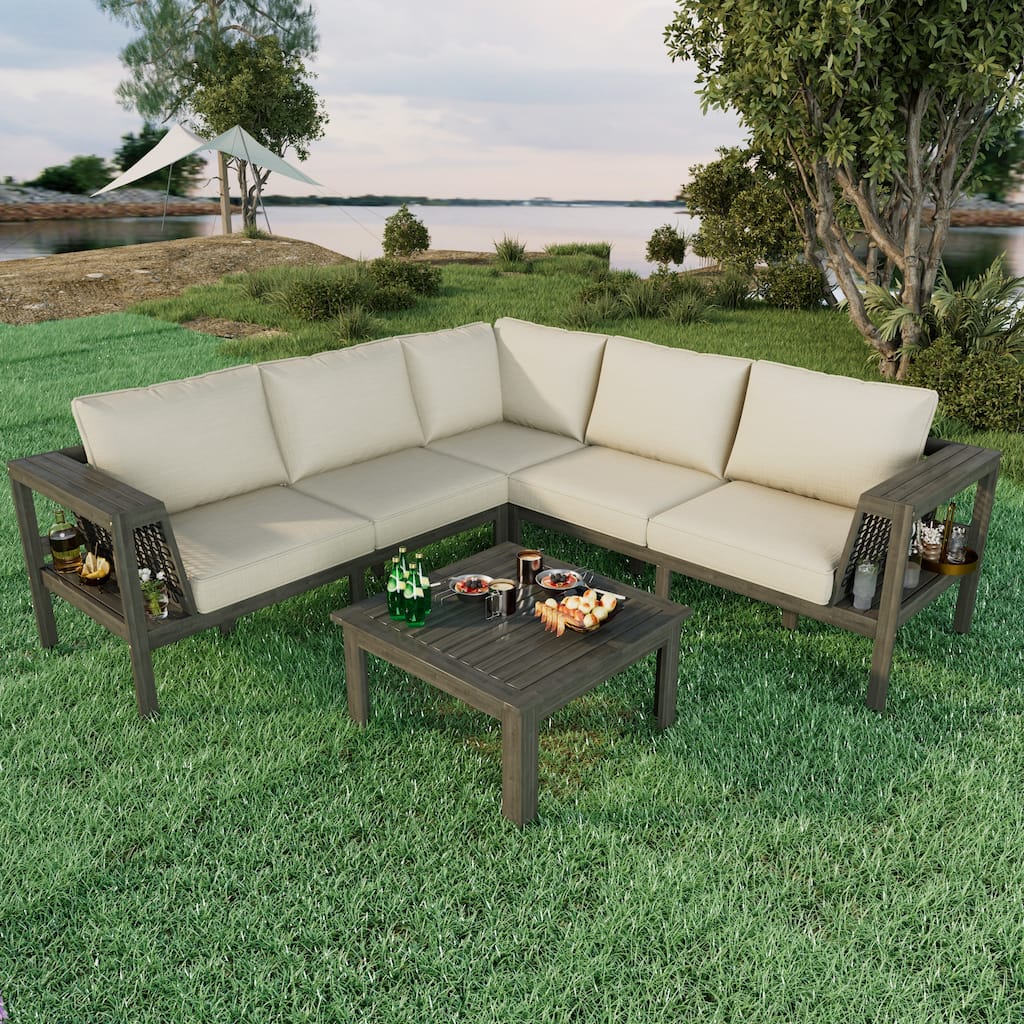 Exclusive 4-Piece Outdoor Acacia Wood Sectional Sofa Set with Woven Rope Armrests