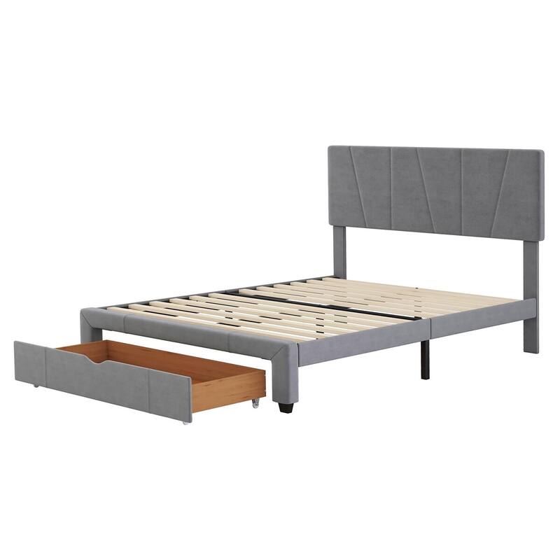 Merax Upholstery Platform Bed with One Drawer, Adjustable Headboard