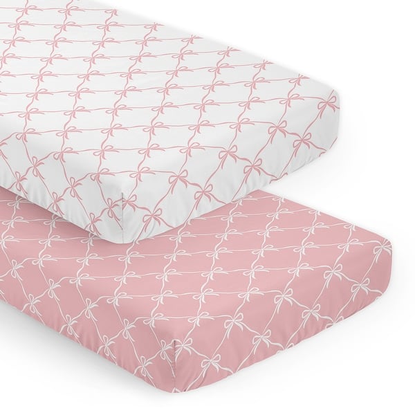 slide 2 of 6, Sweet Jojo Designs White and Pink Bows Girls 2 Pack Fitted Crib Sheets - Blush Bow for Shabby Chic, Ballet, Ballerina Collection