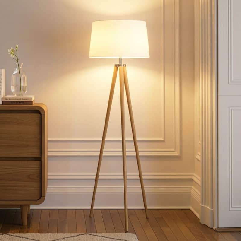 Brightech Emma 61 in. Mid-Century Modern LED Super Bright Floor Lamp with Beige Fabric Drum Shade - Natural Wood
