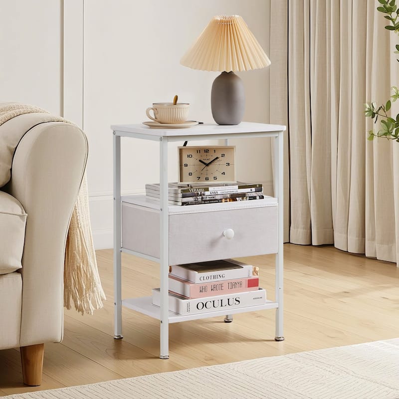 VECELO Nightstand Set with Charging Station 2 AC Outlets & 2 USB Ports 24-Inch High nightstand with Fabric Drawer 2 Open Shelves