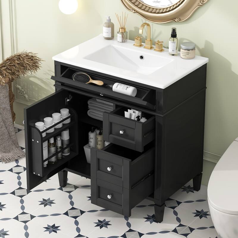 GDFStudio - Caldwell Modern Bathroom Vanity with Ceramic Sink, 2 Storage Drawers and Tip-Out Organizer - 30'W