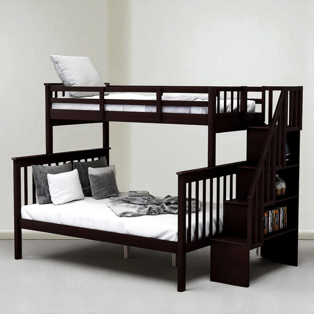 Twin Over Full Bunk Bed with Storage Stairs, Guard Rails, and Convertible Design, Solid Wood Frame