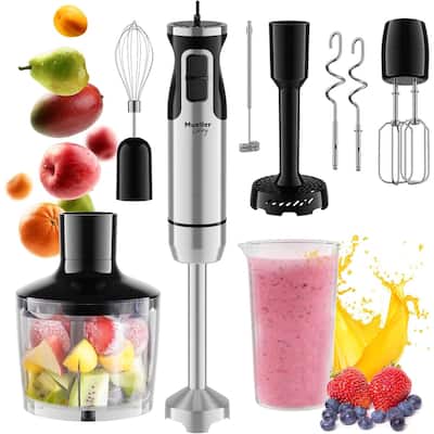MuellerLiving Immersion Hand Blender Full Set - 8 Speed, with 7 Attachments: Blade, Whisk, Frother, Beater, Hooks, Masher, Bowl