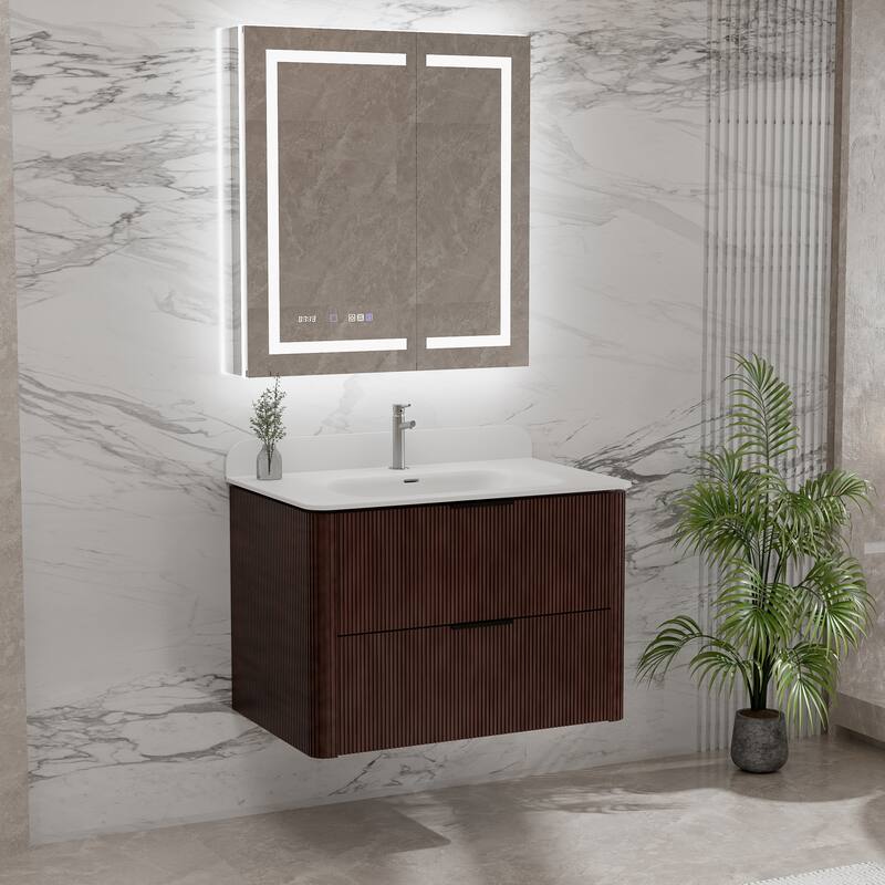 Modland Fluted Floating Vanity with Sink, Plywood Wall Mount Cabinet, Curved Edge, 24/30/36 Inch - 24 inch - Walnut