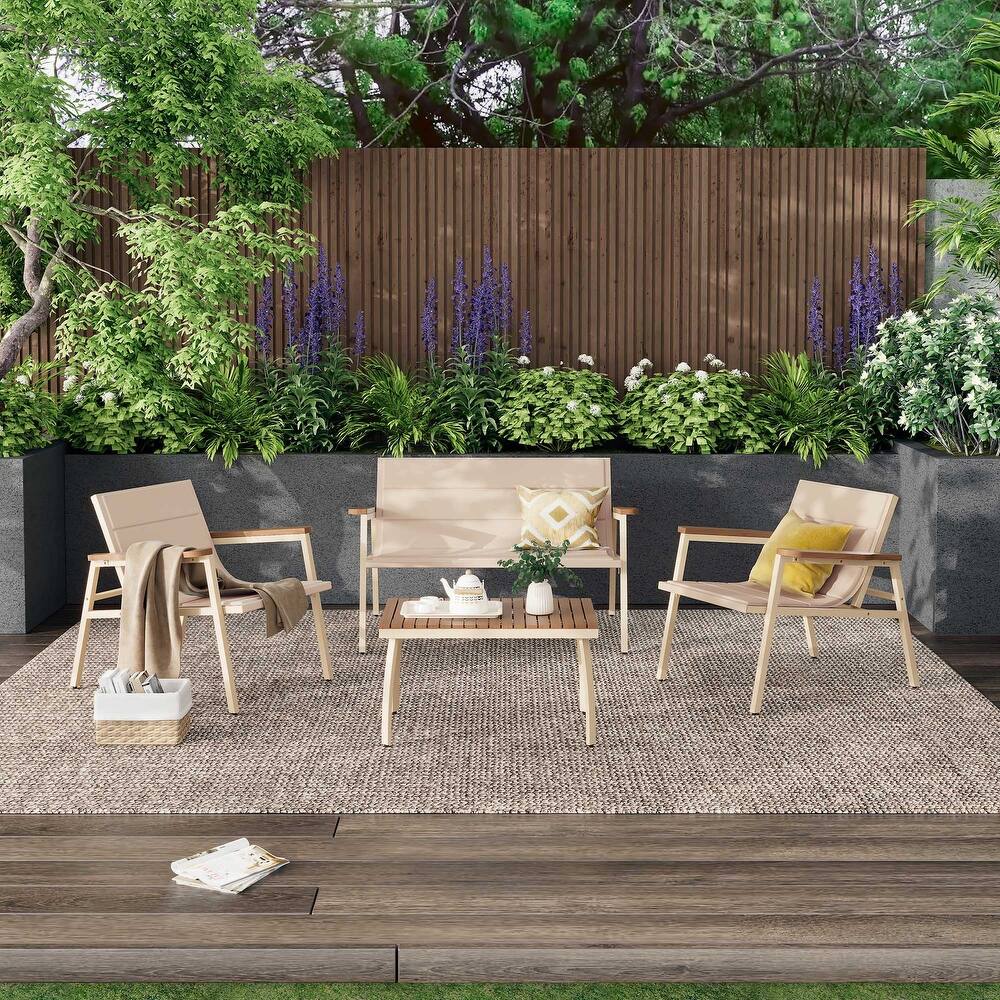 Outdoor Patio Furniture Set 4 Pieces Patio Conversation Sets with Padded Suspended Cushion for Lawn Backyard Balcony, Beige