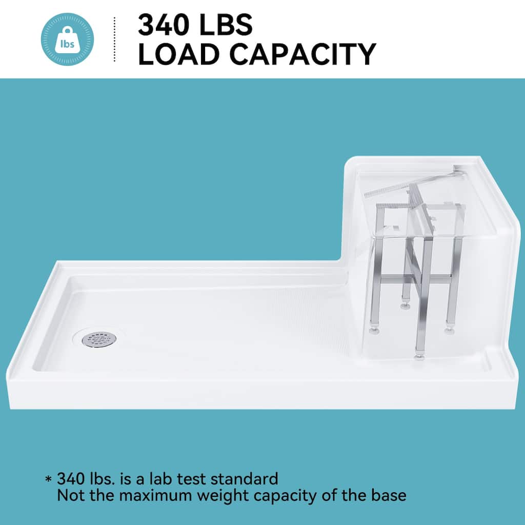 HOROW 60 x 32 Inch Alcove Shower Pan Base in White with Built In Seat - Left Drain Location