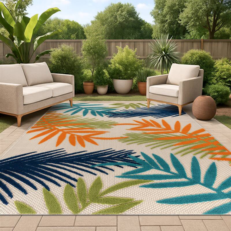 Bahama Palm Frond Indoor/Outdoor Area Rug - 7' 10" x 10' - Cream