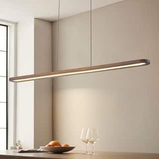 47.2 in. 1-Light Modern Farmhouse Walnut Wood Linear Dimmable Integrated LED Hanging Island Light for Dining Room