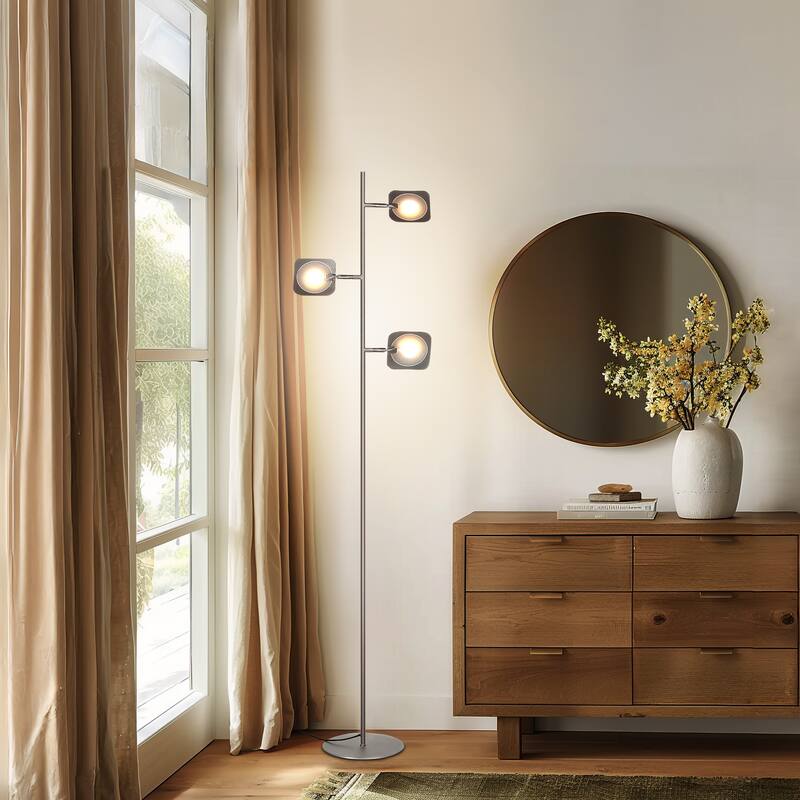 Brightech Tree 60 in. Brushed Nickel Industrial 3-Light 3-Way Dimming LED Floor Lamp with 3 Adjustable Spot Lights