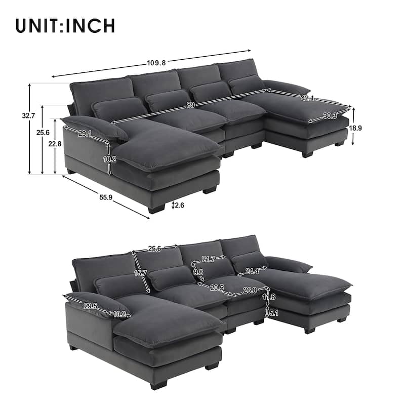 Modern 6-Seat U-Shaped Symmetrical Sofa with Soft Cushions, Lumbar Pillows and Recliner