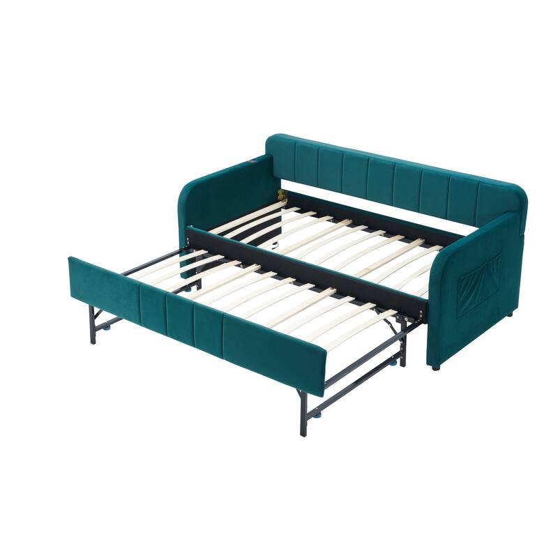 Twin Size Velvet Upholstered Daybed, Wood Sofa Bed Frame Daybed Couch with Trundle Bed and Wood Slat
