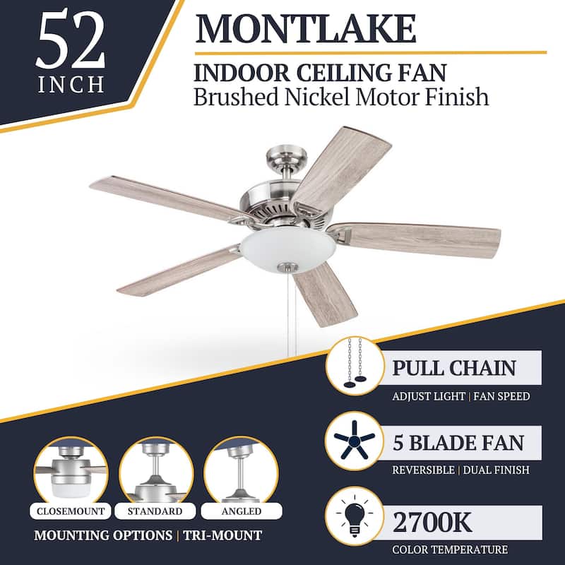 52" Prominence Home Montlake Indoor Ceiling Fan, Brushed Nickel - 52