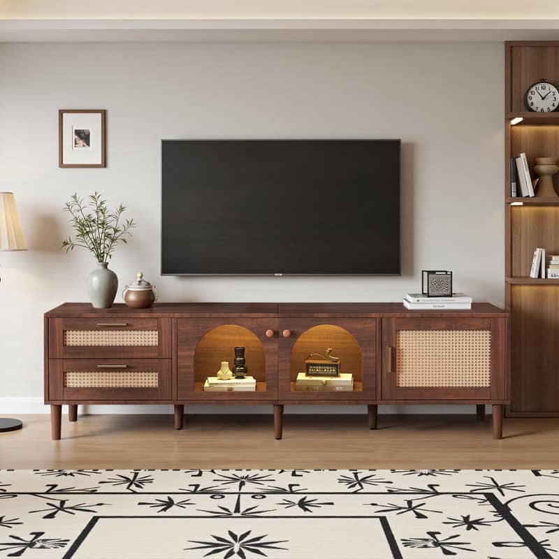 Rattan TV Stand for TVs Up to 80", Media Console with 3 Cabinets & 2 Drawers, LED Entertainment Center - Wood