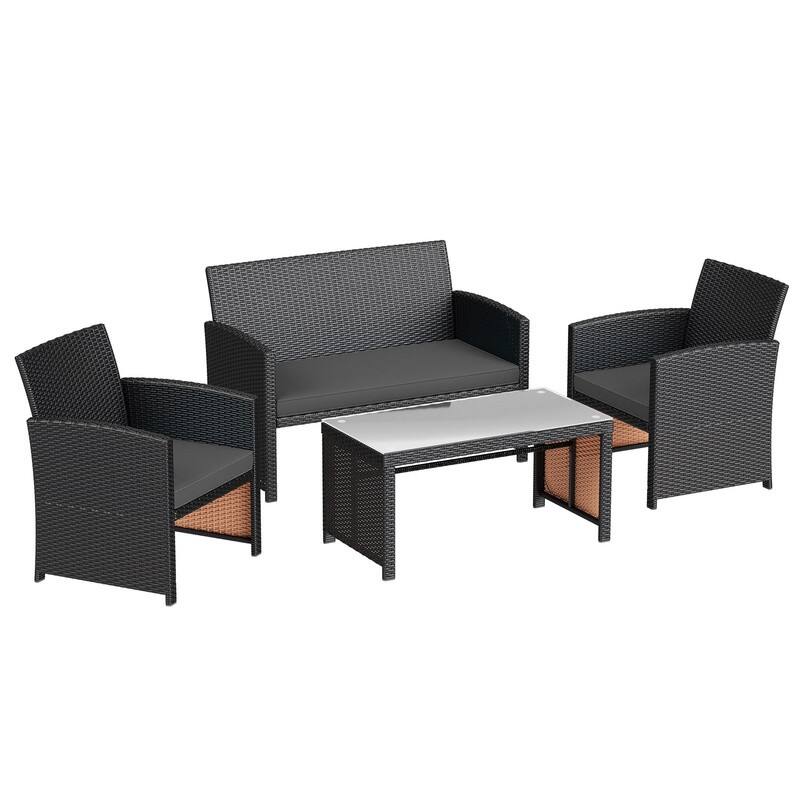 EROMMY 4-Piece Patio Furniture Set with Cushions, Wicker Sofa and Glass Coffee Table, All-Weather PE Rattan Conversation Set