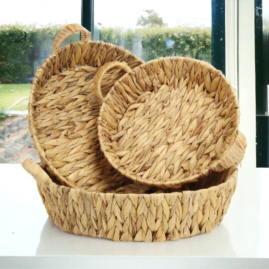 Laelia Light Brown Water Hyacinth Woven Round Basket Trays (Set of 3)