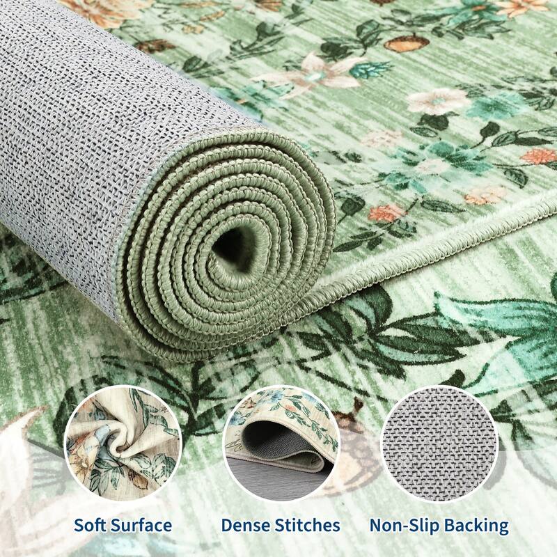 Modern Insect Botanical Pattern Area Rug Floral Print Rug Non-Slip Low Pile Soft Accent Carpet for Living Room Bedroom