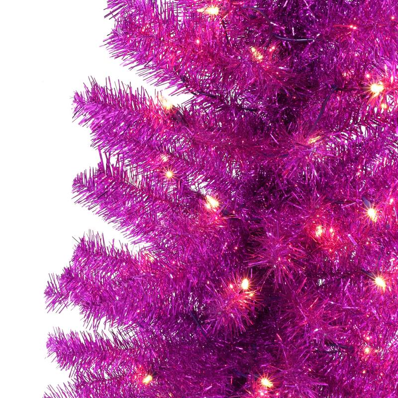 4.5' Pre-lit Pink Tinsel Slim Artificial Christmas Tree, Clear Lights - 4.5 Foot