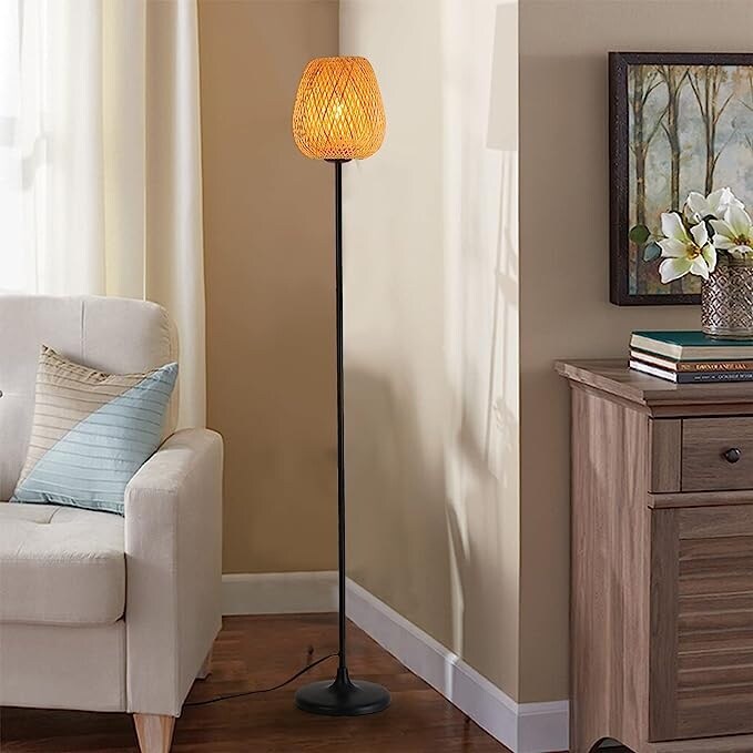 Rattan Bamboo Woven Japanese Floor Lamp Contemporary Boho Ambient Wicker Standing Light Plug in Cord for Living Room Black