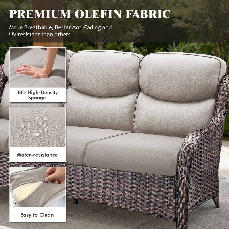 Meyreso Handwoven Wicker Outdoor Patio 3-Seat Sofa with 5-Inch Thick Cushions