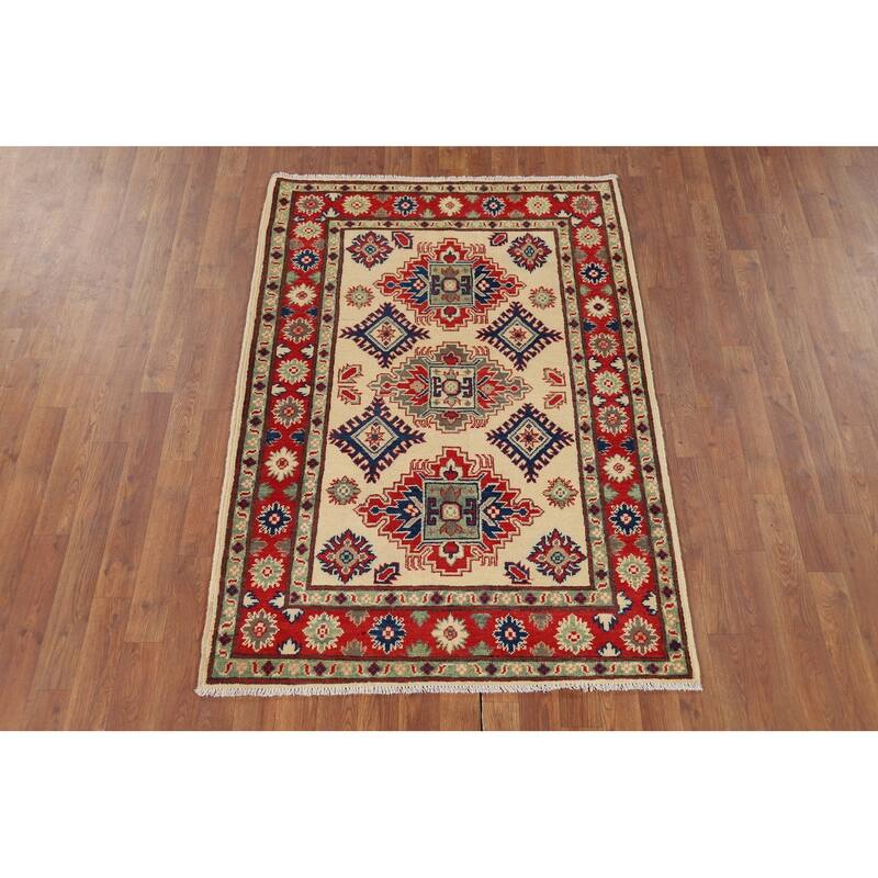 Beige Geometric Kazak Foyer Rug Oriental Handmade Wool Carpet - 3'6" x 5'1"