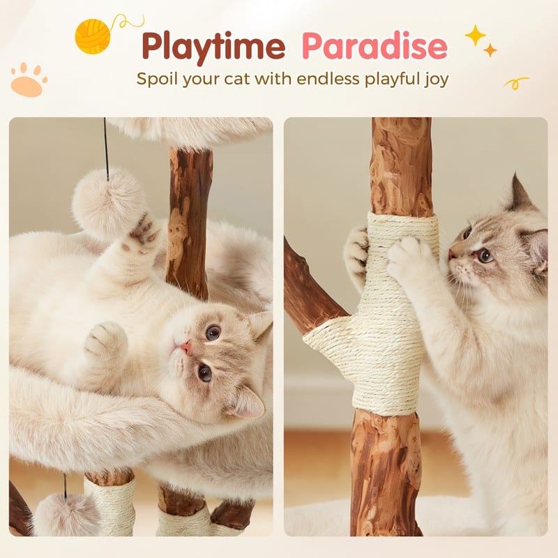 46"H Wood Cat Tree Tower with Scratching Posts, Modern Cat Furniture for Indoor Cats