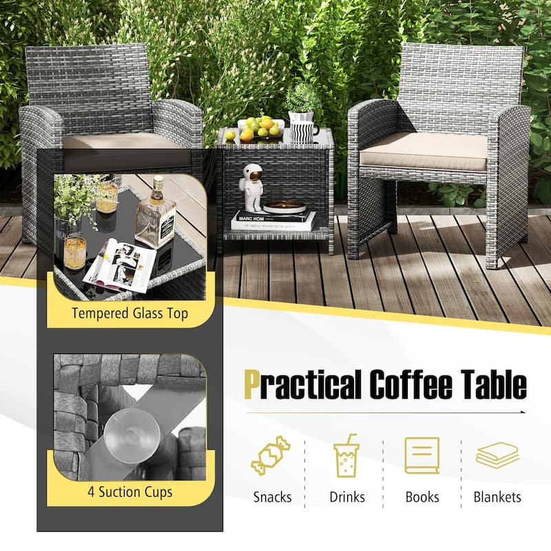 Outdoor Wicker Furniture Set 3 Piece with Cushions and Table - 18" × 18" × 17"