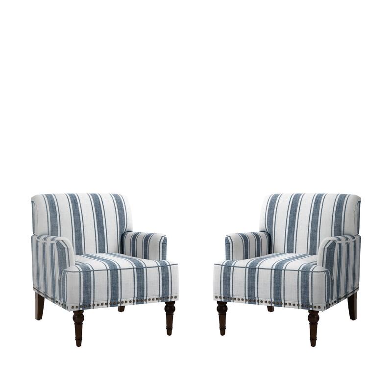 Set 2 Striped Upholstered Linen Armchair with Brass Nailhead Trim