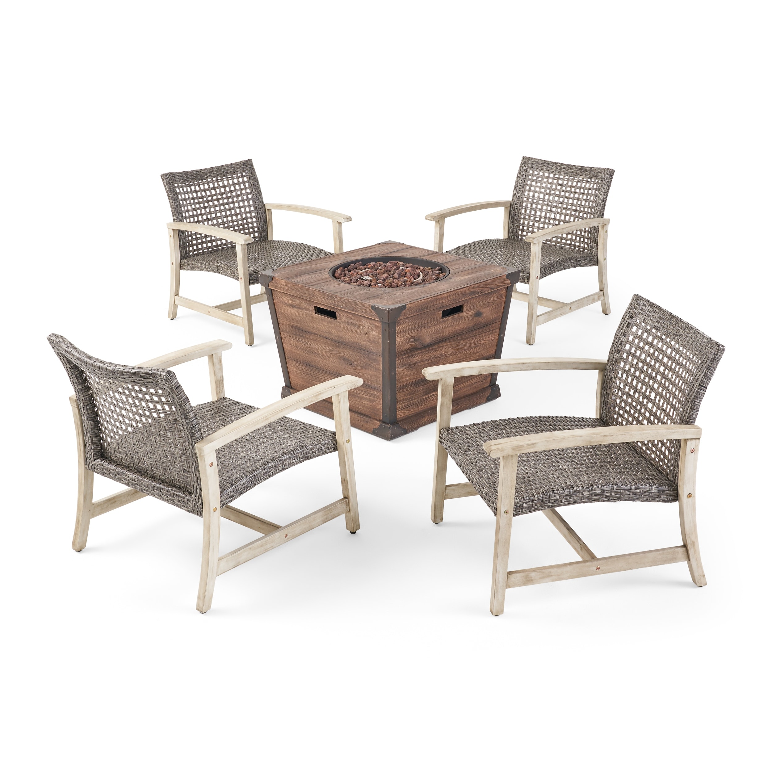 Christopher Knight Home Hampton Outdoor Wood and Wicker Club Chair Patio Set with Fire Pit