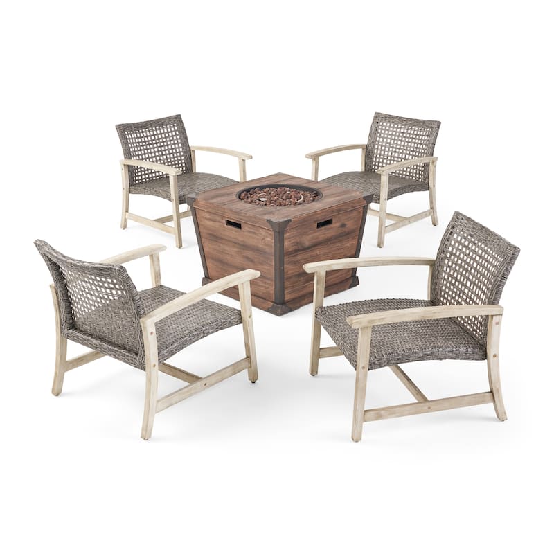 Hampton Outdoor Wood and Wicker Club Chair Set with Fire Pit by Christopher Knight Home - Light Gray Finish + Mixed Black + Brown