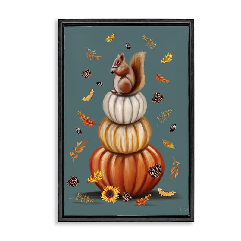 Stupell Squirrel Atop Pumpkin Stack Framed Floater Canvas Wall Art Design By Elizabeth Tyndall - 21 x 31 - Black