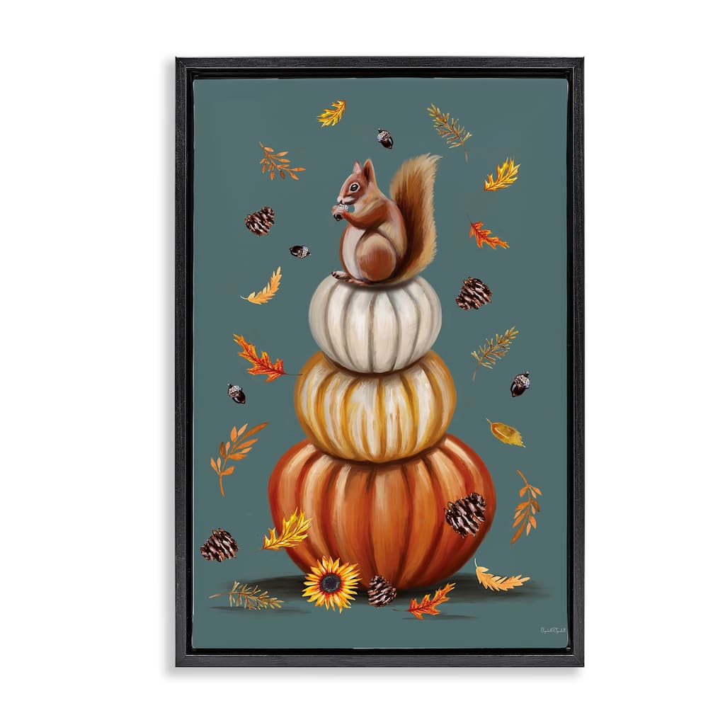 Stupell Squirrel Atop Pumpkin Stack Framed Floater Canvas Wall Art Design By Elizabeth Tyndall