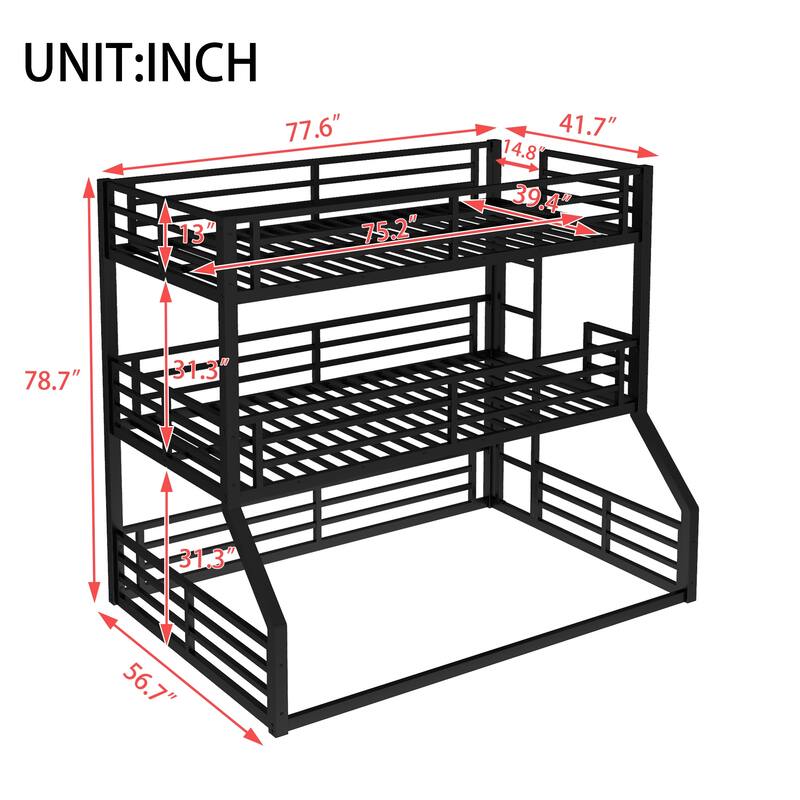 Roomfitters Twin over Twin over Full Metal Triple Bunk Bed with Safety Guardrails, Heavy-Duty Noise-Reduced Frame