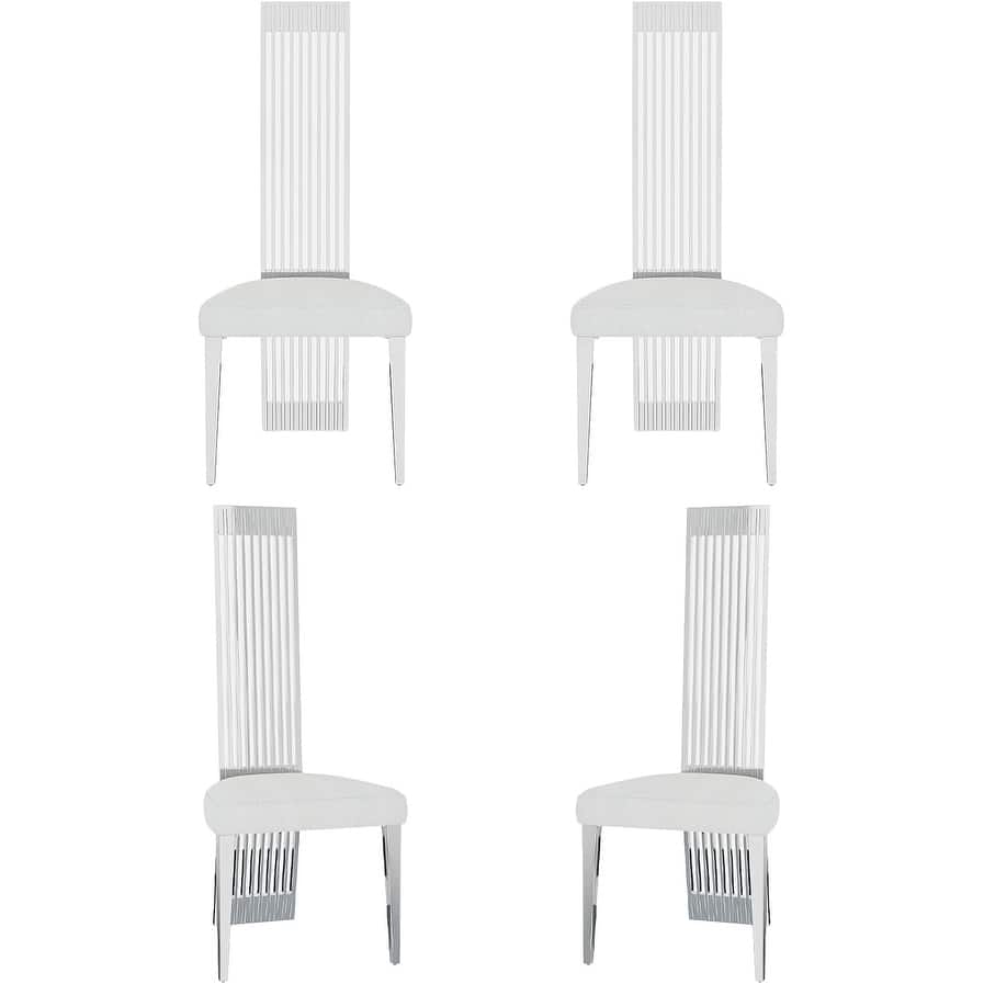 White Boucle and Silver Dining Chairs with Mirrored Silver Vertical Metal Tube Back