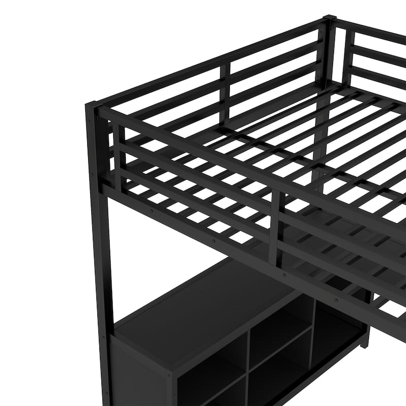 Full Size Metal Loft Bed with Wardrobe, Storage Cubes and L-shaped Desk