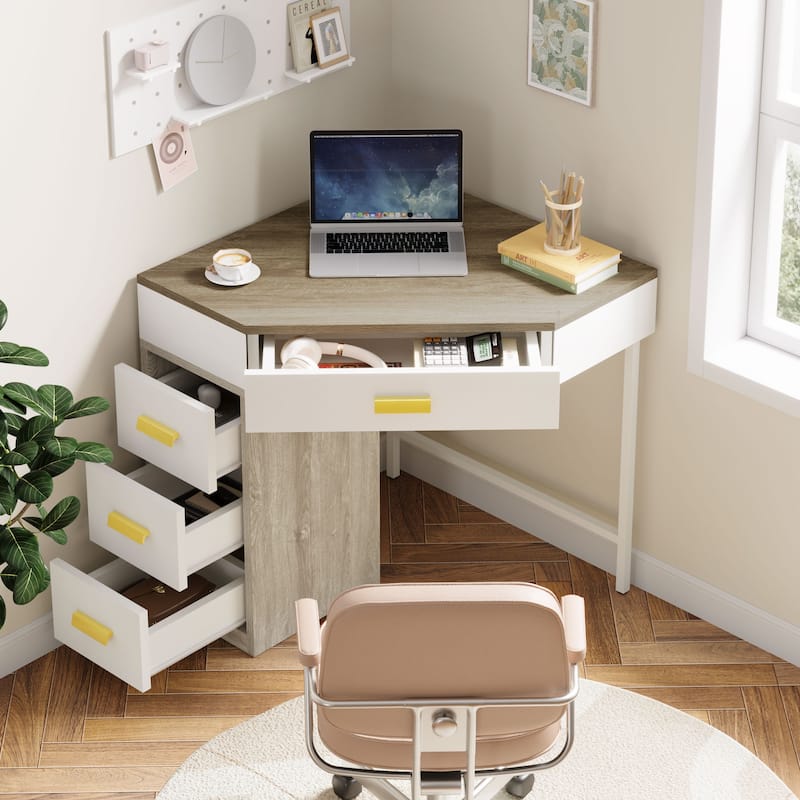 90-Degree Writing Corner Desk, Triangle Computer Desk with 3 Drawers