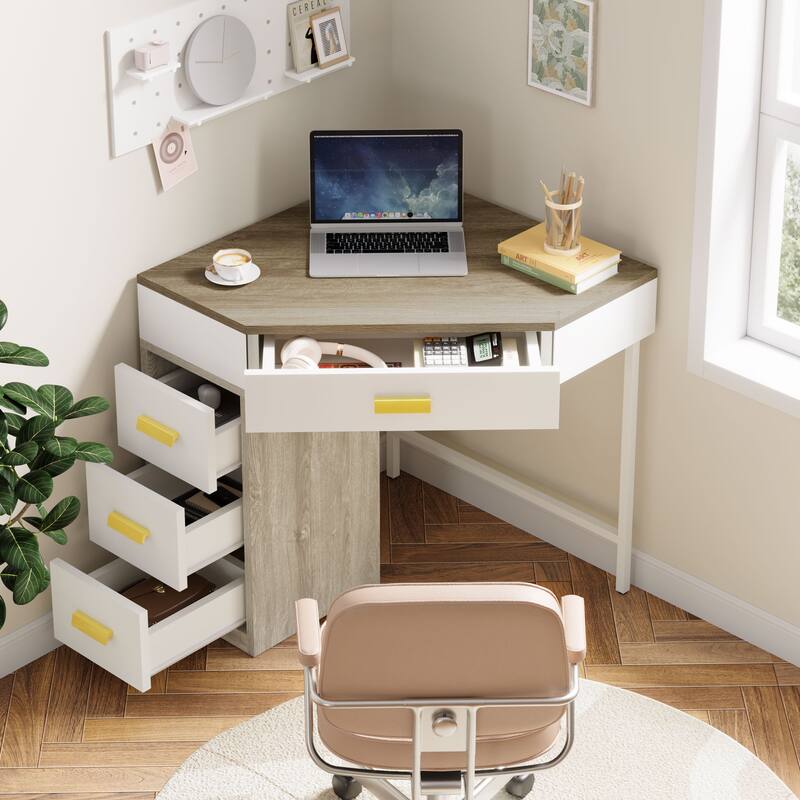 Corner Computer Desk with Drawers, Writing PC Makeup Vanity Storage Desk, Home Office Living Room Bedroom Accent Desk
